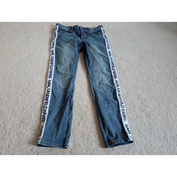 Karl Lagerfeld Denim - Karl Lagerfeld Blue Denim Side Stripe Straight Leg Pants Womens 12 Logo Tape